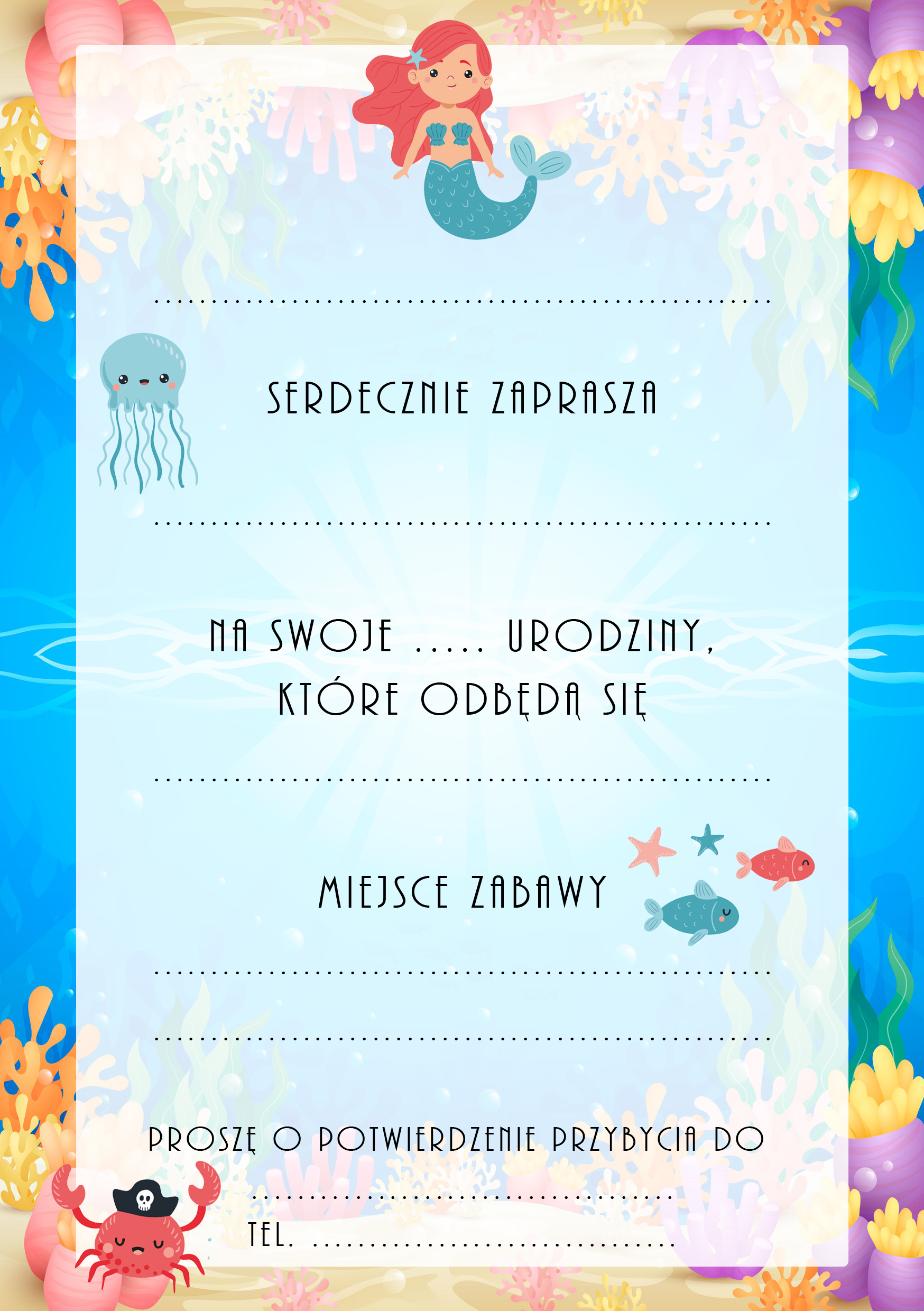Zaproszenia na urodziny dla dzieci urodzinowe syrenka ryby