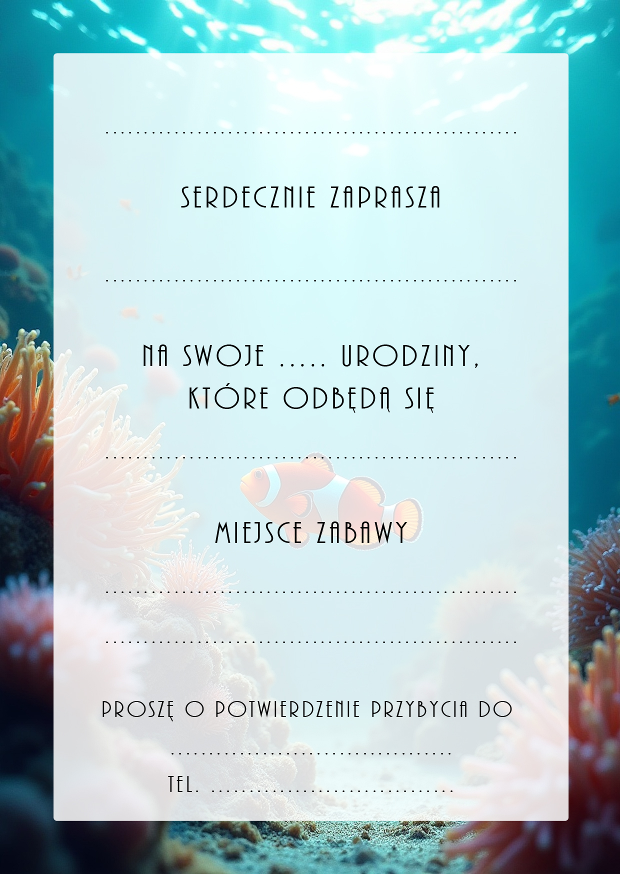 Zaproszenia na urodziny dla dzieci urodzinowe zwierzątka ryby ocean